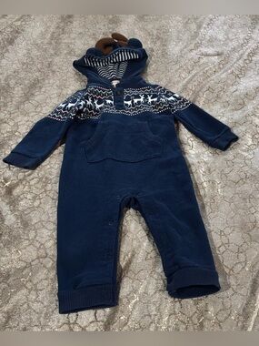 Cat & Jack Navy Hooded One-Piece with Fair Isle Reindeer Yoke